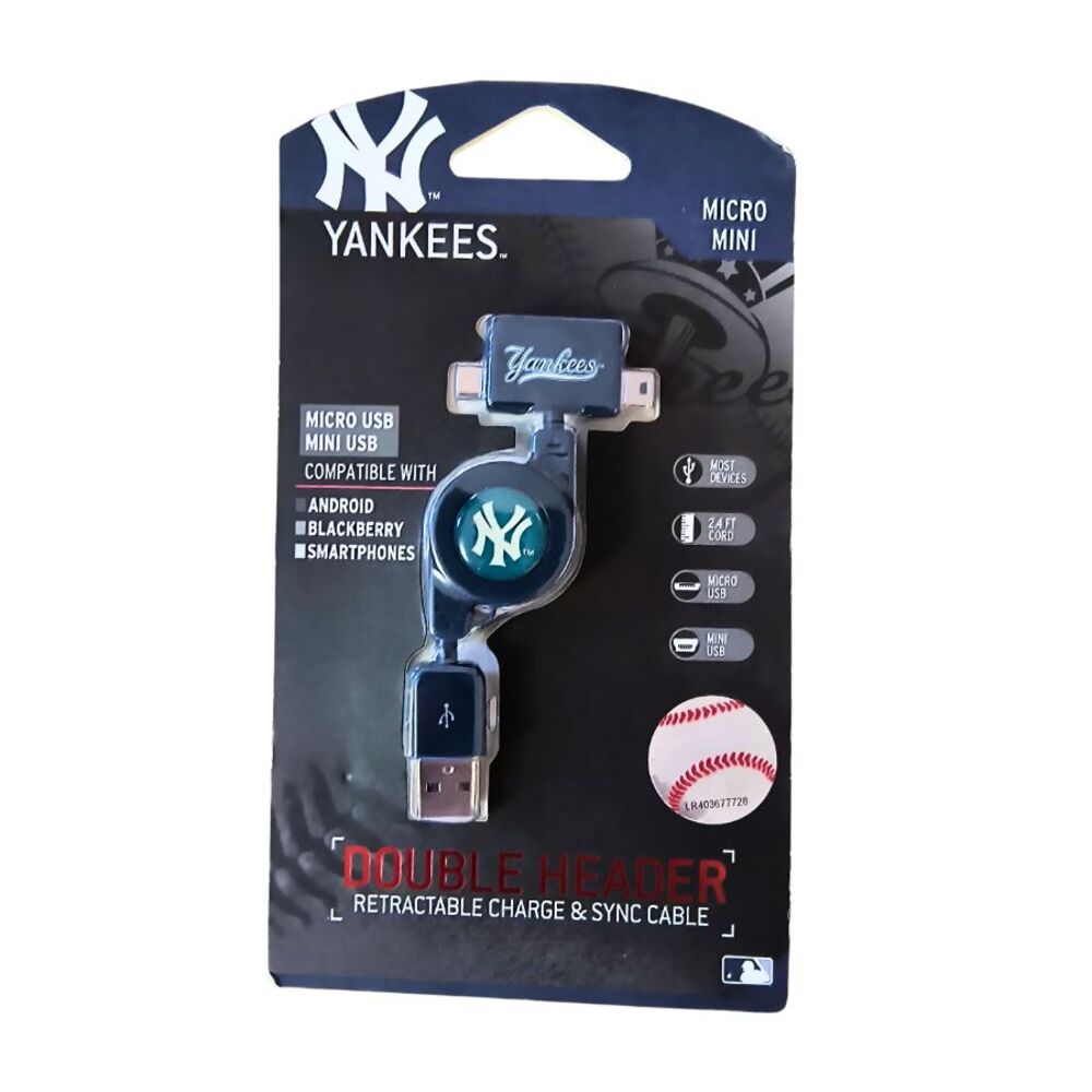 NY Yankees Double Header Micro/Mini USB Retractable Charge & Sync Cable MLB